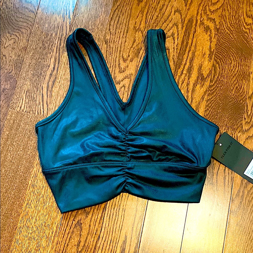 90 degrees- cracked Eden green color Sports Bra;  a unique color & material!